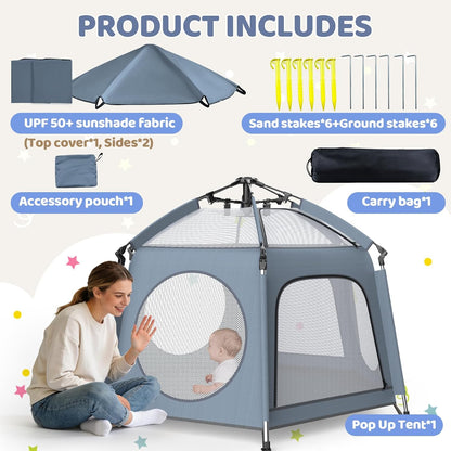 Pop Up Playpen for Baby - Instant Setup Portable Playard with UV Canopy & Mosquito Net - Indoor Outdoor Travel Crib with Carry Bag Grey