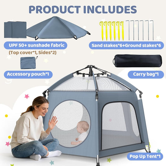 Pop Up Playpen for Baby - Instant Setup Portable Playard with UV Canopy & Mosquito Net - Indoor Outdoor Travel Crib with Carry Bag Grey