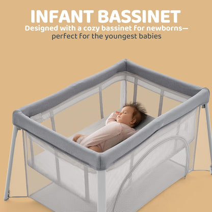 HARPPA Travel Crib with Comfy Pad, Lightweight Portable Crib Requires No Assembly, Foldable Pack and Play for Baby and Toddlers, Compact Play Yard with Bed,Gray