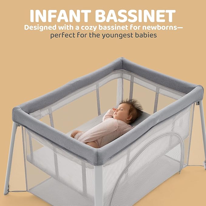HARPPA Travel Crib with Comfy Pad, Lightweight Portable Crib Requires No Assembly, Foldable Pack and Play for Baby and Toddlers, Compact Play Yard with Bed,Gray