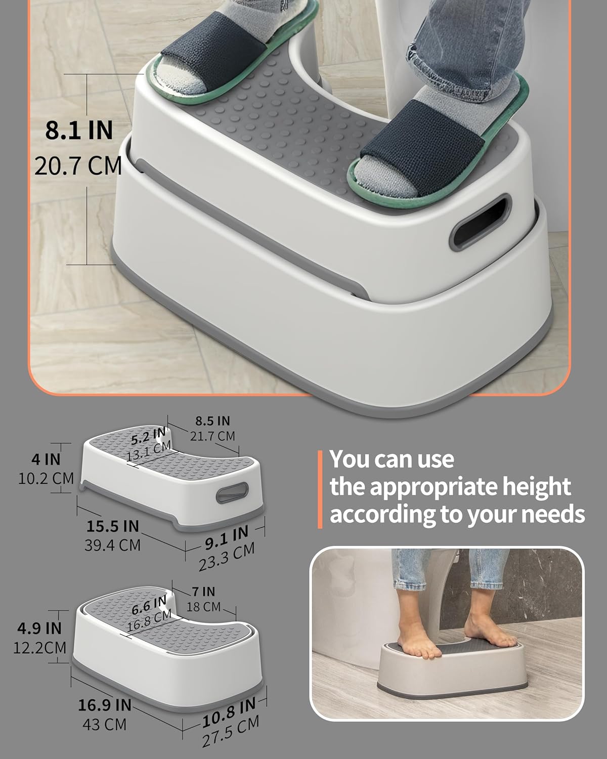 MR.SIGA Toilet Stool Squat Adult, Bathroom Stool Heavy Duty, Anti Slip Toilet Step for Bathroom, Toddler Step Stool for Kids, Off-White & Dark Gray