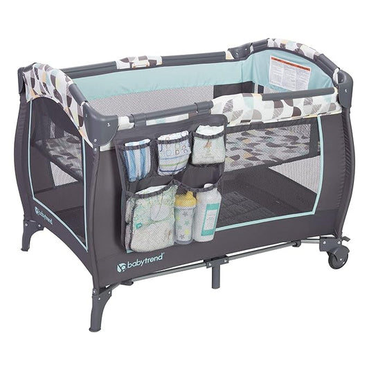 Baby Trend Nursery Center, Portable Playard with Bassinet, Changing Table and Storage Organizer, Trend-E - Foldable and Convertible Travel Play Crib for Babies and Toddlers, Doodle Dots