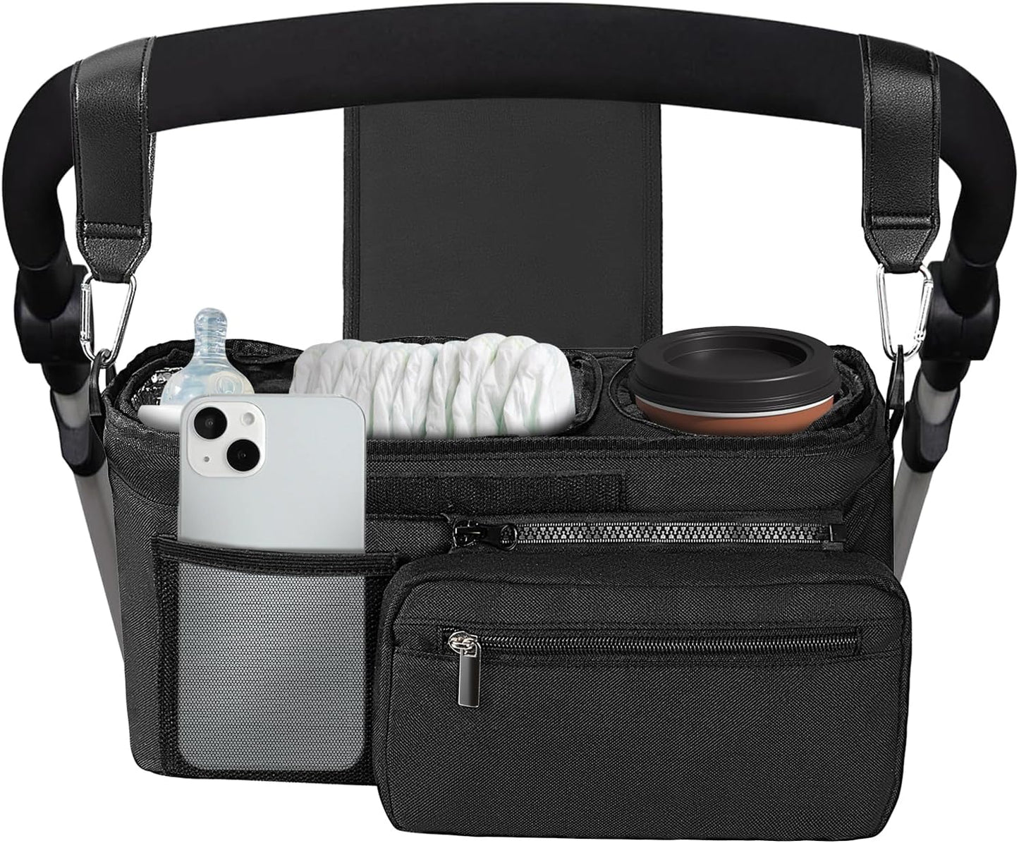 Universal Stroller Organizer with Insulated Cup Holder, Stroller Caddy with Detachable Bag & Shoulder Strap, Stroller Attachment Non-Slip Secure Hooks Accessories Fits Most Strollers