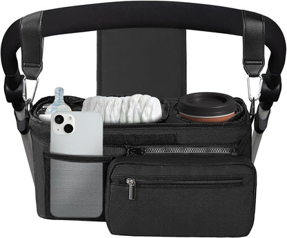 Universal Stroller Organizer with Insulated Cup Holder, Stroller Caddy with Detachable Bag & Shoulder Strap, Stroller Attachment Non-Slip Secure Hooks Accessories Fits Most Strollers