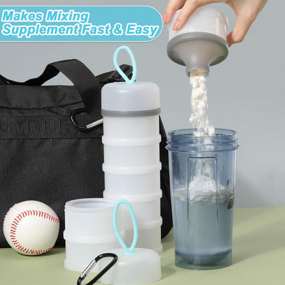 Baderke 2 Pcs Protein Powder Containers with Funnels Stand, 5 and 3 Layers Stackable Powder Supplement Travel Container Formula Organizer Storage Powders Holder for Travel Workout Fitness(Blue)