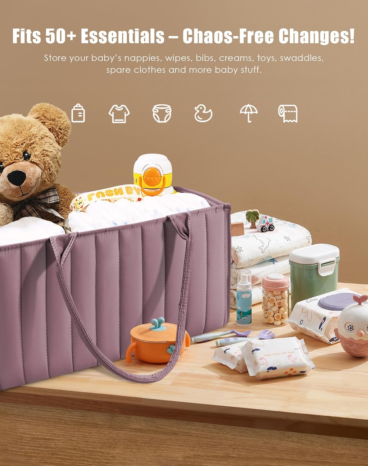 SWEET DOLPHIN 2-Pack Quilted Diaper Caddy Organizer – Premium Puffer Style Nursery Storage Bins – Water-Resistant & Wipeable Changing Table Organizer – Trendy Tote for Home & Car Travel - Mocha Brown