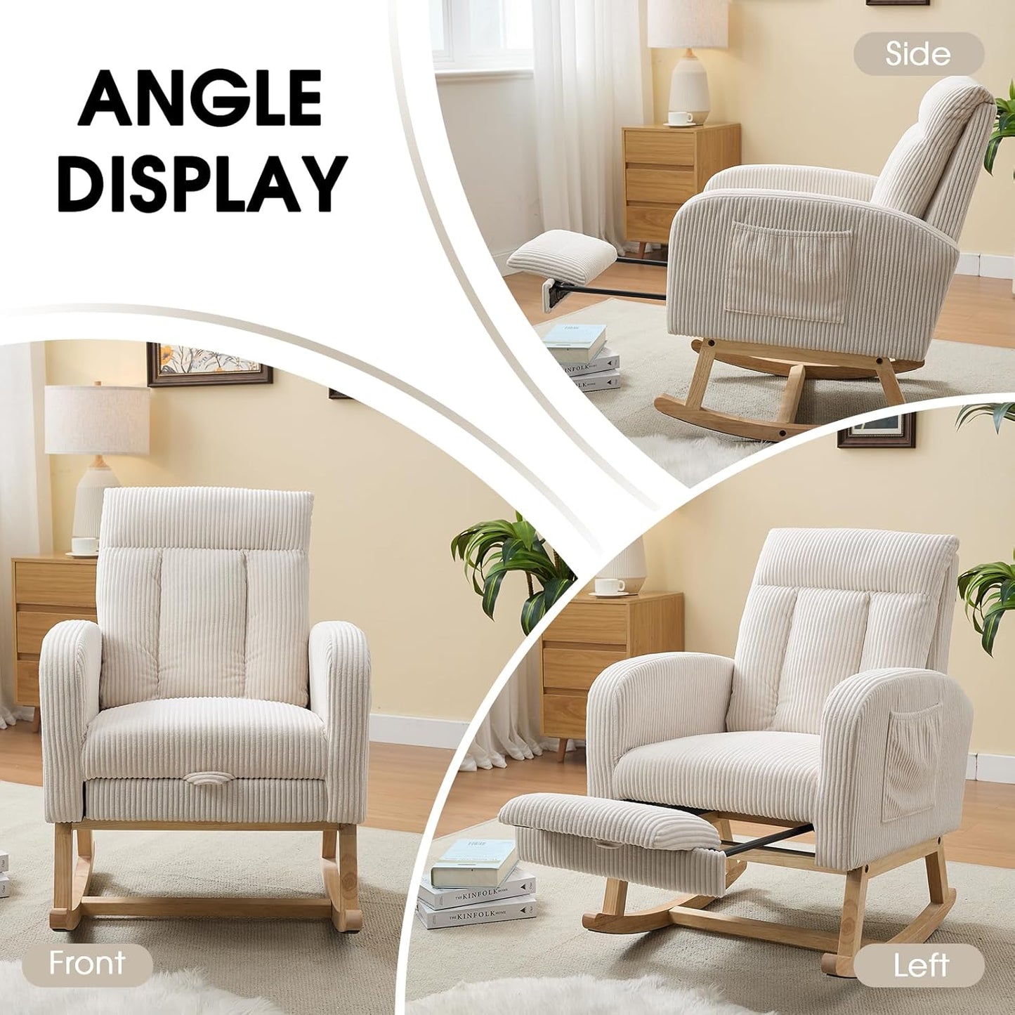 NIOIIKIT Nursery Rocking Chair, Corduroy Upholstered Rocking Chair with Adjustable Footrest, Tufted Rocker Chair with Side Pocket, Glider Rocker for Living Room, Bedroom (Cream Retro)