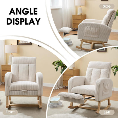 NIOIIKIT Nursery Rocking Chair, Corduroy Upholstered Rocking Chair with Adjustable Footrest, Tufted Rocker Chair with Side Pocket, Glider Rocker for Living Room, Bedroom (Cream Retro)