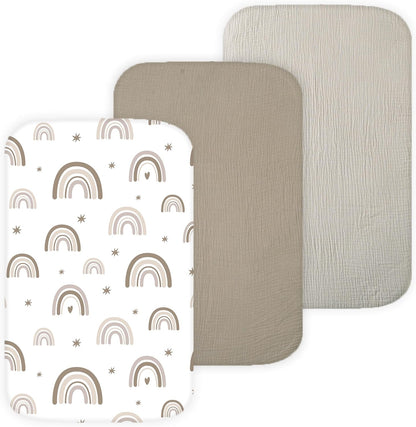 Muslin Bassinet Sheets for Angelbliss, Cowiewie, Amke, Jimglo, Suihuooo, Wayfong Baby Bassinet Bedside Sleeper by TansyPanda, 3PC, 20×33in, Ultra Soft, Breathable, Snug Fit, Unisex Boys Girls, Maadi