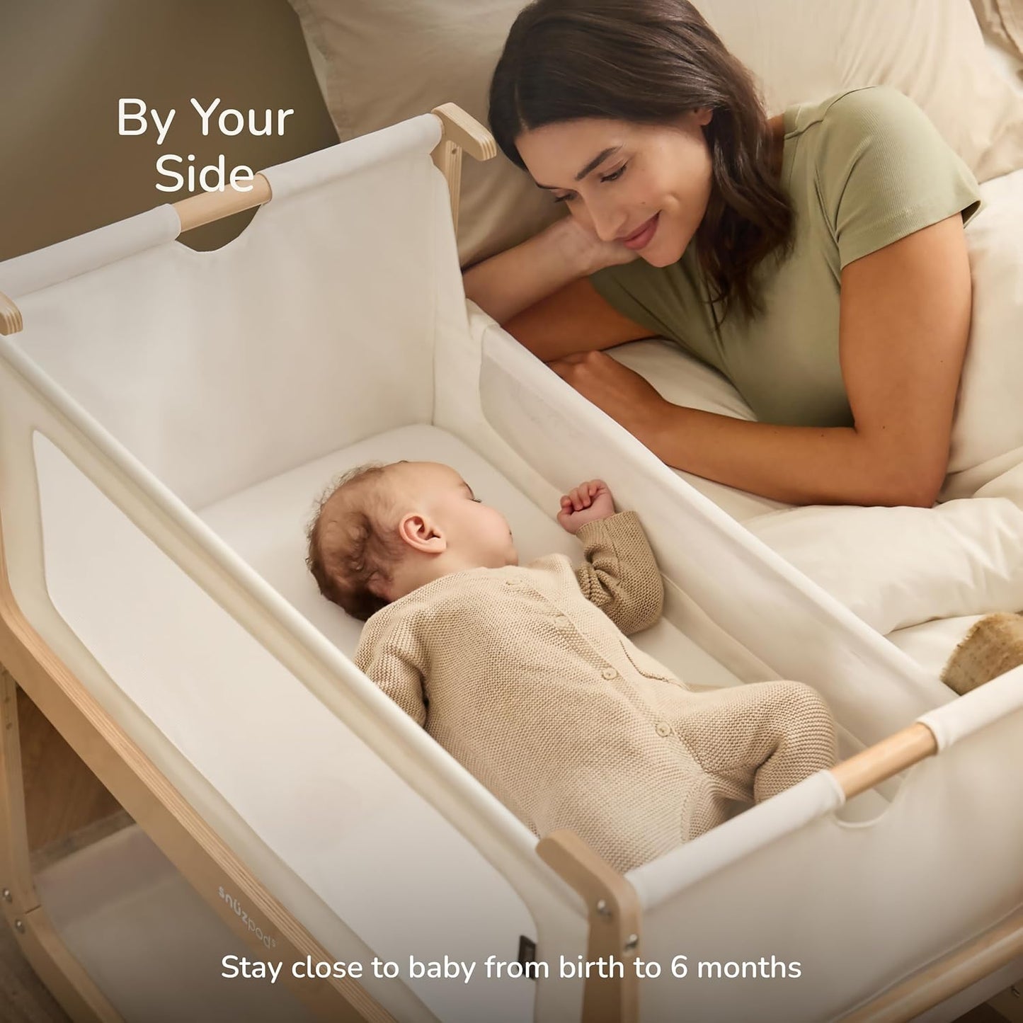 SnuzPod 5 Bedside Bassinet for Baby - Newborn Bed with Zip Down Breathable Windows, Rocking Bedside Sleeper with Lift-Off Bassinet, Portable 3-in-1 Baby Cradle with Wheels & Mattress, Natural