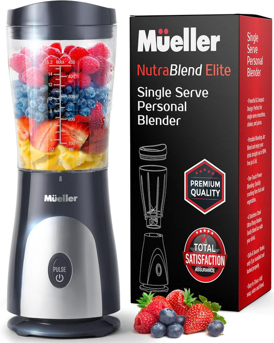 Mueller Heavy-Duty Personal Blender for Shakes and Smoothies with a 15 Oz Travel Cup and Lid, Juices, Baby Food, Portable Blender & Food Processor, Turquoise