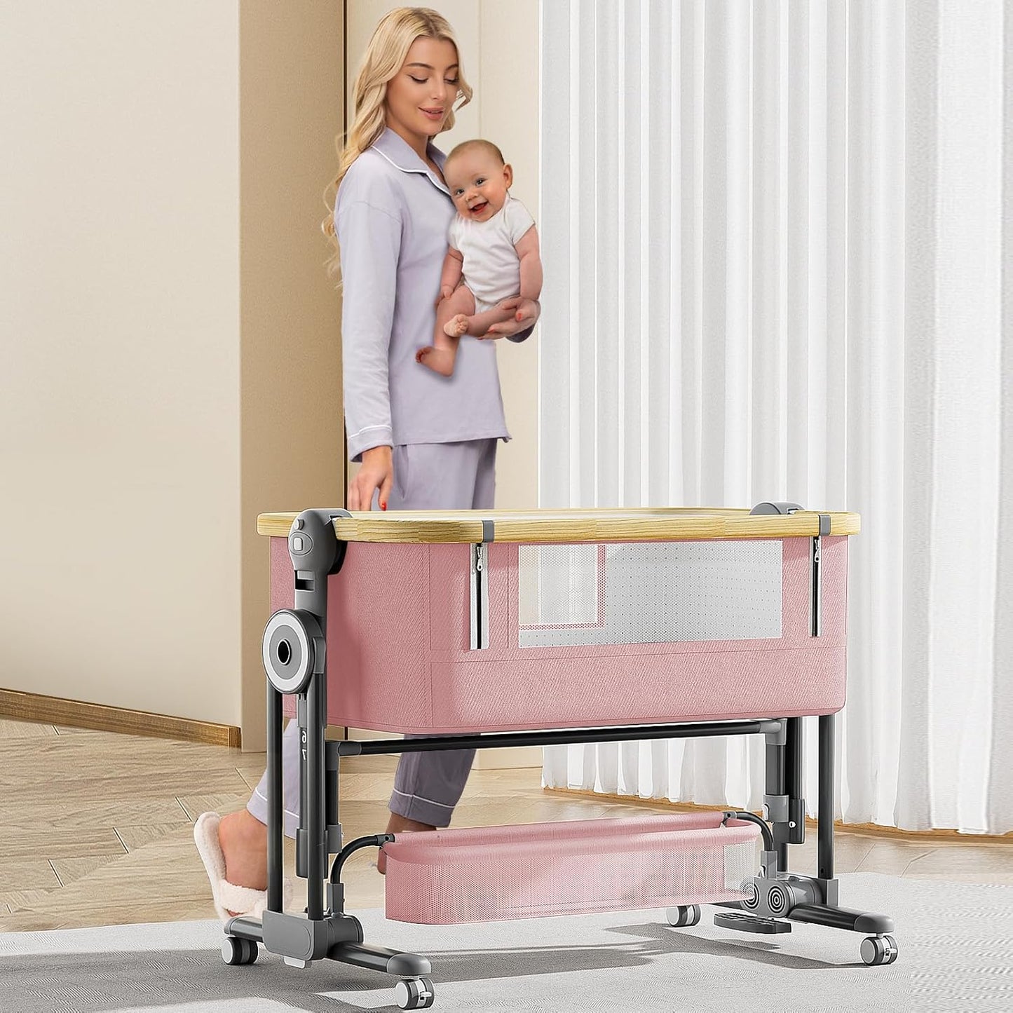 4 in 1Baby Bassinet,Bedside Bassinet for Baby, Rocking Bassinet with Comfy Mattress and Wheels, 7 Height Adjustable Easy Folding Portable Bedside Crib for Newborn