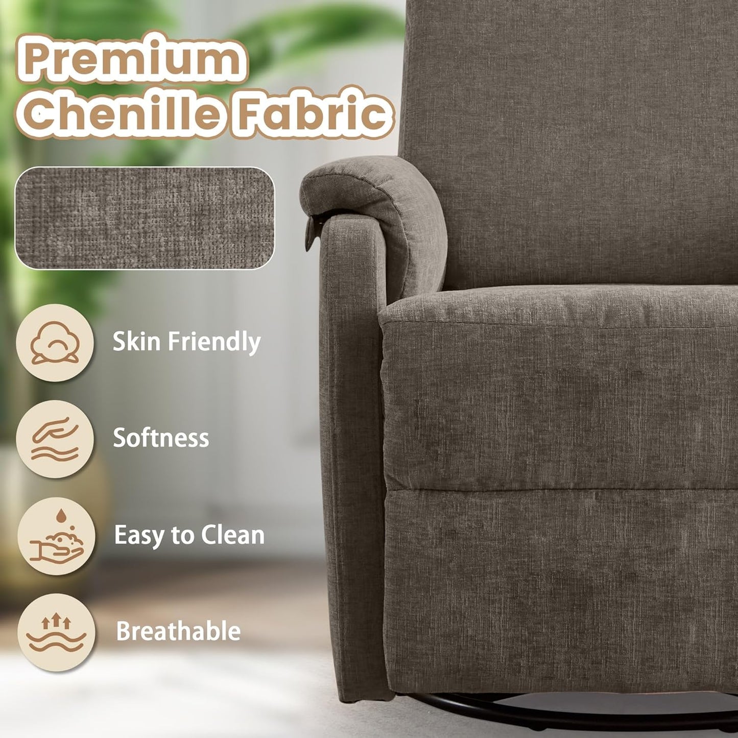 Korser Recliner Chair, Swivel Rocking Recliner Chair for Adults, Glider Rocking Chair, Small Nursery Chair Recliner for Living Room, Reclining Chair with Modern-Designed Armrests, Chenille, Beige