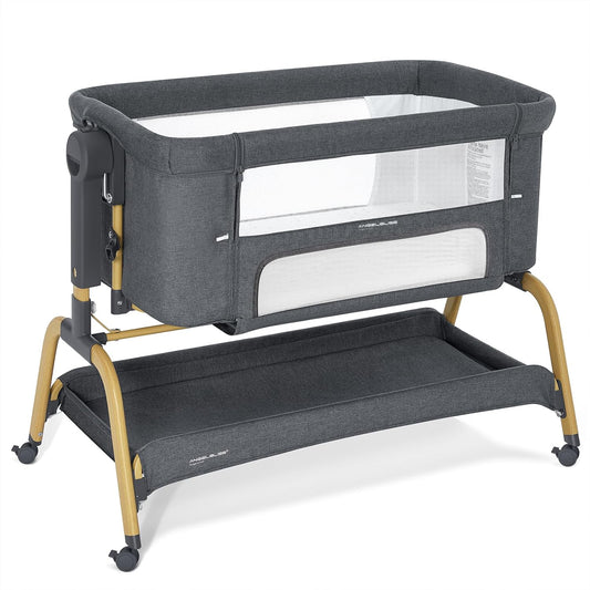ANGELBLISS 3 in 1 Baby Bassinet, Rocking Bassinets Bedside Sleeper with Comfy Mattress and Wheels, 6 Height Adjustable Easy Folding Portable Bedside Crib for Newborn Infant (Khaki)