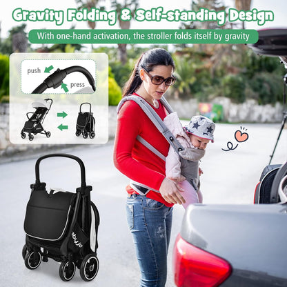 BABY JOY Lightweight Baby Stroller, Compact Travel Stroller for Airplane, Infant Toddler Stroller w/Adjustable Backrest & Canopy, Storage Basket, Self Standing Gravity Fold, Aluminium Frame (Pink)