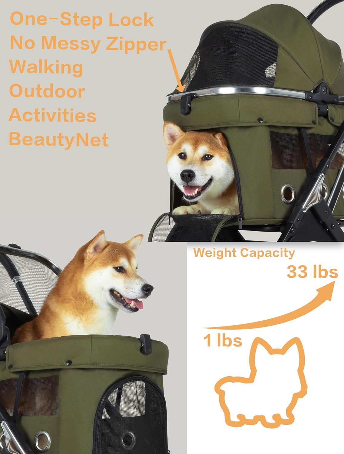 JK Pawadore 4 Wheels Pet Stroller Best Lightweight Foldable Portable Secure Easy Lock NO-Zip 180 ̊ Canopy Sun Shades Waterproof for Small/Medium Dogs 33lbs with Large Storage Basket (Khaki)