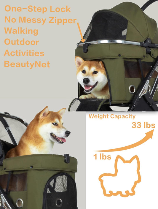 JK Pawadore 4 Wheels Pet Stroller Best Lightweight Foldable Portable Secure Easy Lock NO-Zip 180 ̊ Canopy Sun Shades Waterproof for Small/Medium Dogs 33lbs with Large Storage Basket (Khaki)