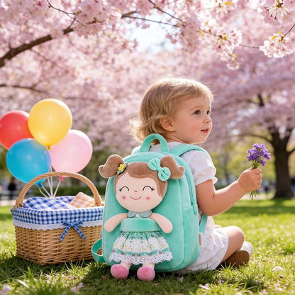 Gloveleya Kids Backpacks Girls Backpack Plush Bags with Soft Baby Doll Green 9" | with Soft Baby Doll