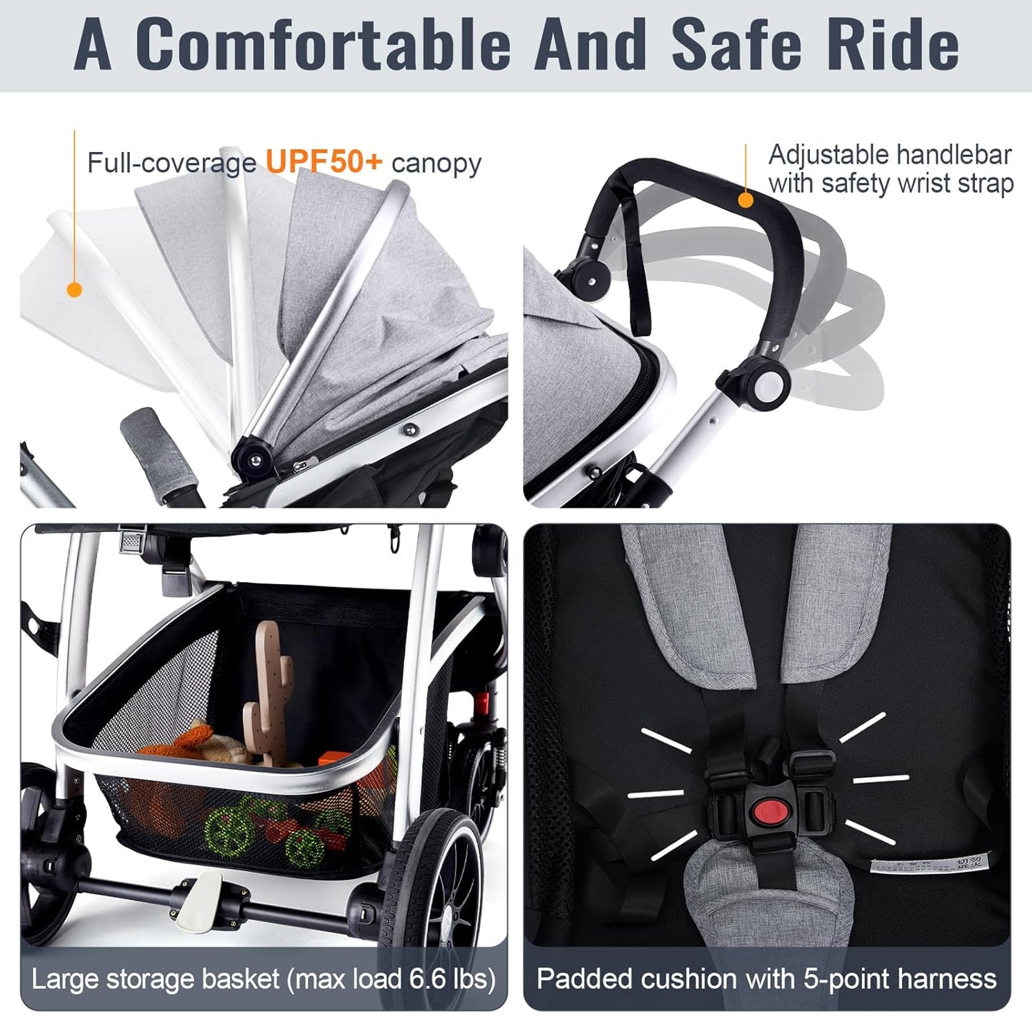Baby Stroller, 2-in-1 Reversible Toddler Seat with Lie-Flat Mode, Foldable Infant Stroller with Canopy, One Button Brake, Adjustable Handle, Newborn Pushchair (Black B)