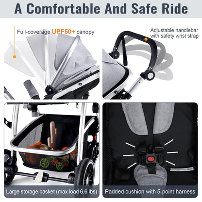 Baby Stroller, 2-in-1 Reversible Toddler Seat with Lie-Flat Mode, Foldable Infant Stroller with Canopy, One Button Brake, Adjustable Handle, Newborn Pushchair (Black B)