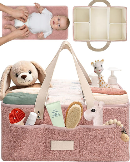 Baby Diaper Caddy Organizer with Portable Changing Mat - Teddy Fleece Diaper Organizer for Changing Table - Basket for Changing Essentials - Baby Essentials Organizer with Removable Dividers