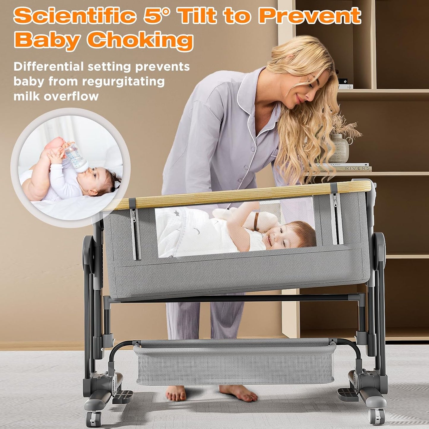 4 in 1Baby Bassinet,Bedside Bassinet for Baby, Rocking Bassinet with Comfy Mattress and Wheels, 7 Height Adjustable Easy Folding Portable Bedside Crib for Newborn