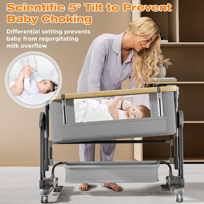 4 in 1Baby Bassinet,Bedside Bassinet for Baby, Rocking Bassinet with Comfy Mattress and Wheels, 7 Height Adjustable Easy Folding Portable Bedside Crib for Newborn