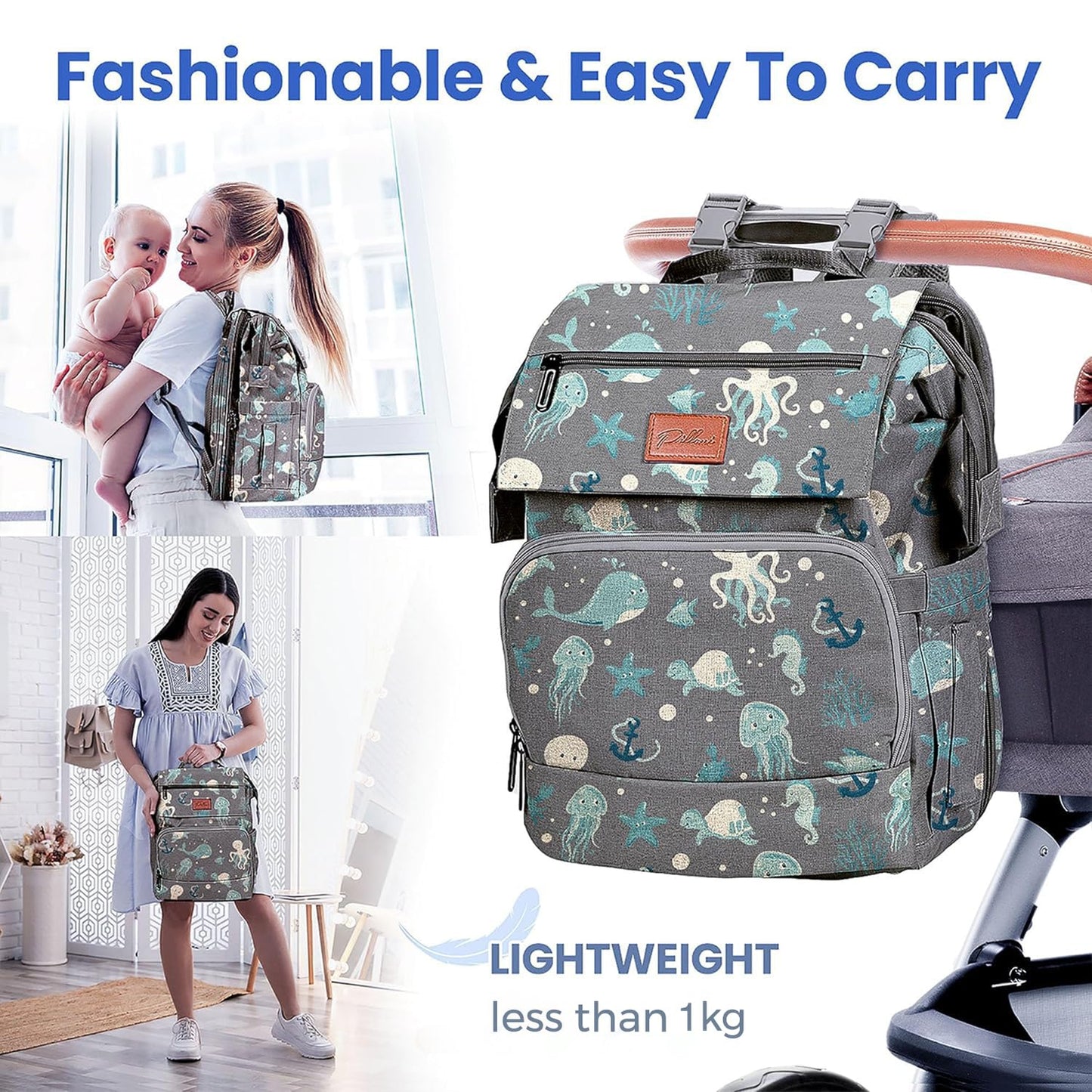 PILLANI Baby Diaper Bag Backpack - Large Waterproof Travel Diaper Bag for Boys & Girls, 16 Organizer Pockets with Changing Pad, Insulated Bottle Pockets & Stroller Straps, Baby Shower Gifts, Dinosaur