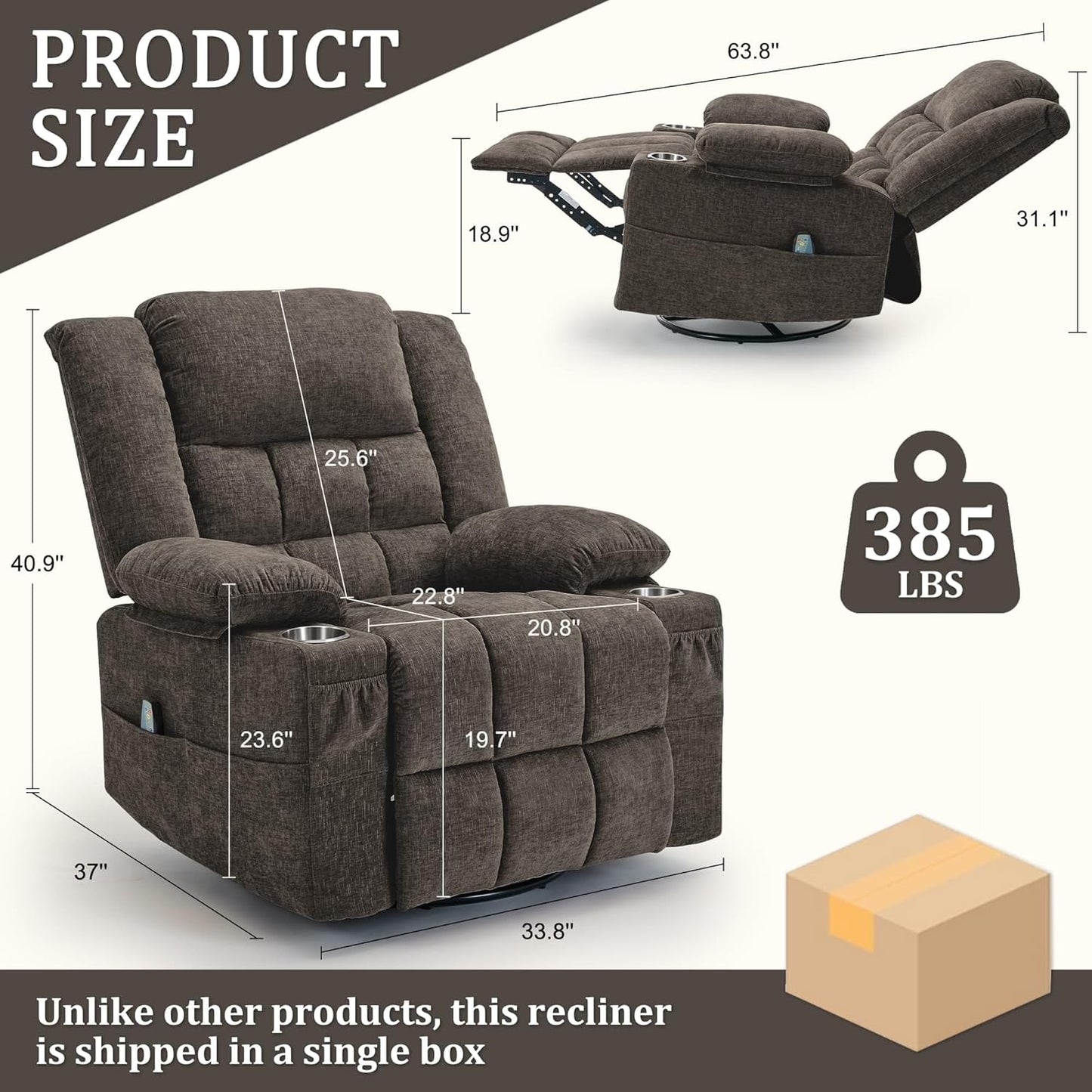 Korser 360° Swivel Rocker Recliner for Adults, Nursery Glider Recliner with Massage and Heating, Rocking Chair with Cup Holder, Manual Recliner Chair for Living Room, Bedroom (Fabric, Beige)
