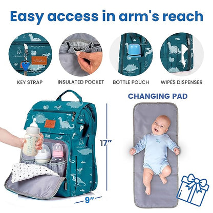 PILLANI Baby Diaper Bag Backpack - Large Waterproof Travel Diaper Bag for Boys & Girls, 16 Organizer Pockets with Changing Pad, Insulated Bottle Pockets & Stroller Straps, Baby Shower Gifts, Dinosaur