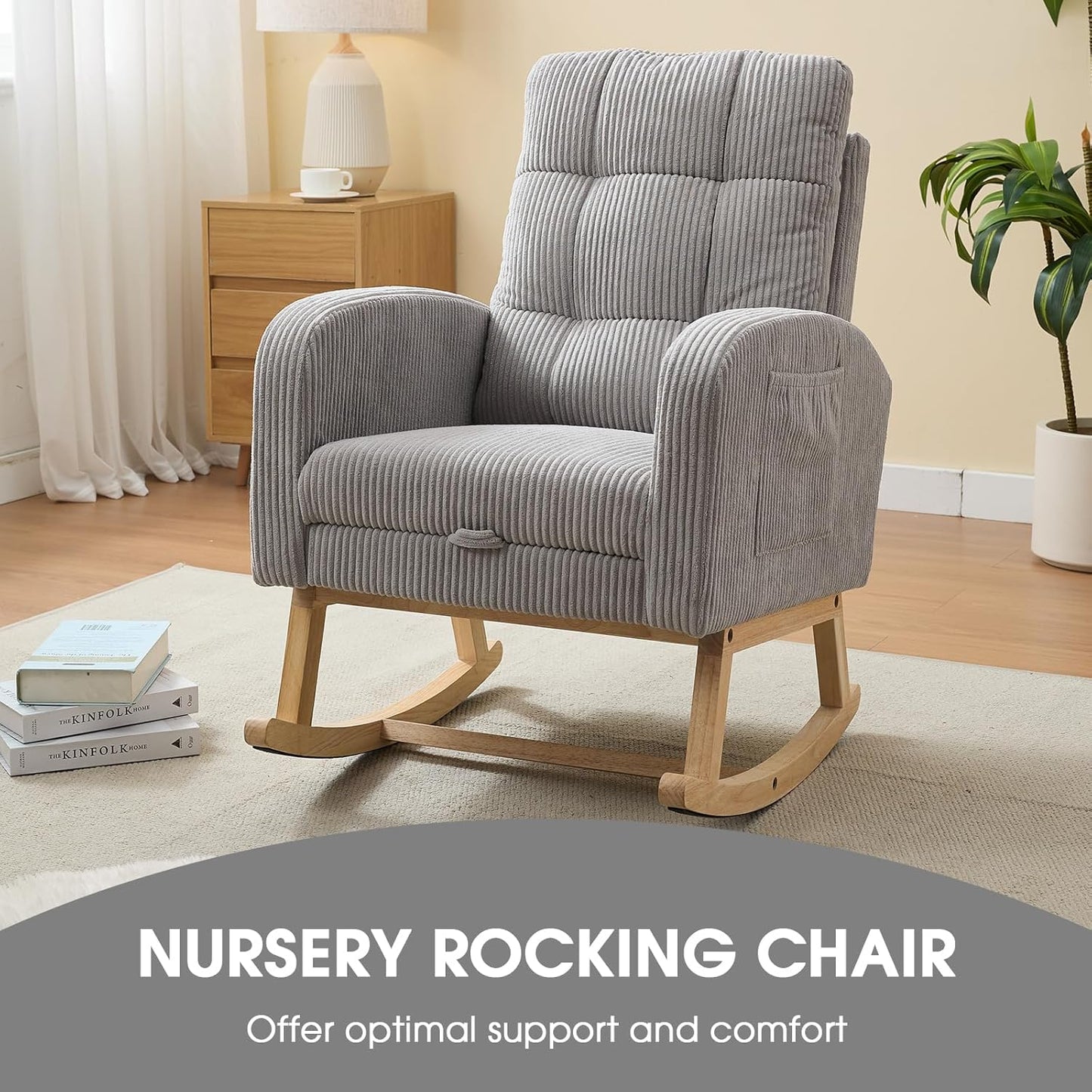 NIOIIKIT Nursery Rocking Chair, Corduroy Upholstered Rocking Chair with Adjustable Footrest, Tufted Rocker Chair with Side Pocket, Glider Rocker for Living Room, Bedroom (Cream Retro)