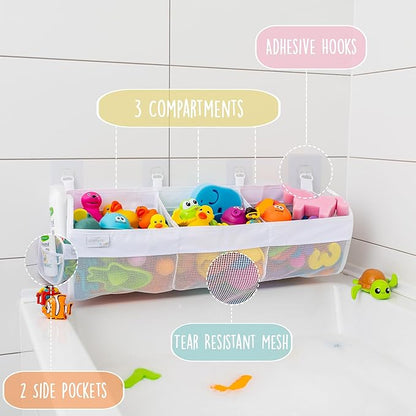 Comfylife Large Bath Toy Organizer with Letters and Numbers – 3 Compartment Bath Toy Holder for Bathtub & Shower – Quick-Dry Mesh with 4 Strong Adhesive Hooks