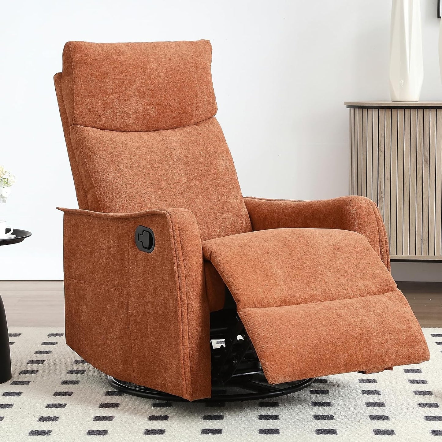 Trustyue Swivel Rocker Recliner Chair, 360° Swivel Recliner with Heat and Massage, Rocker Recliner Nursery Glider Chair with Side Pockets for Living Room (Beige, Fabric)