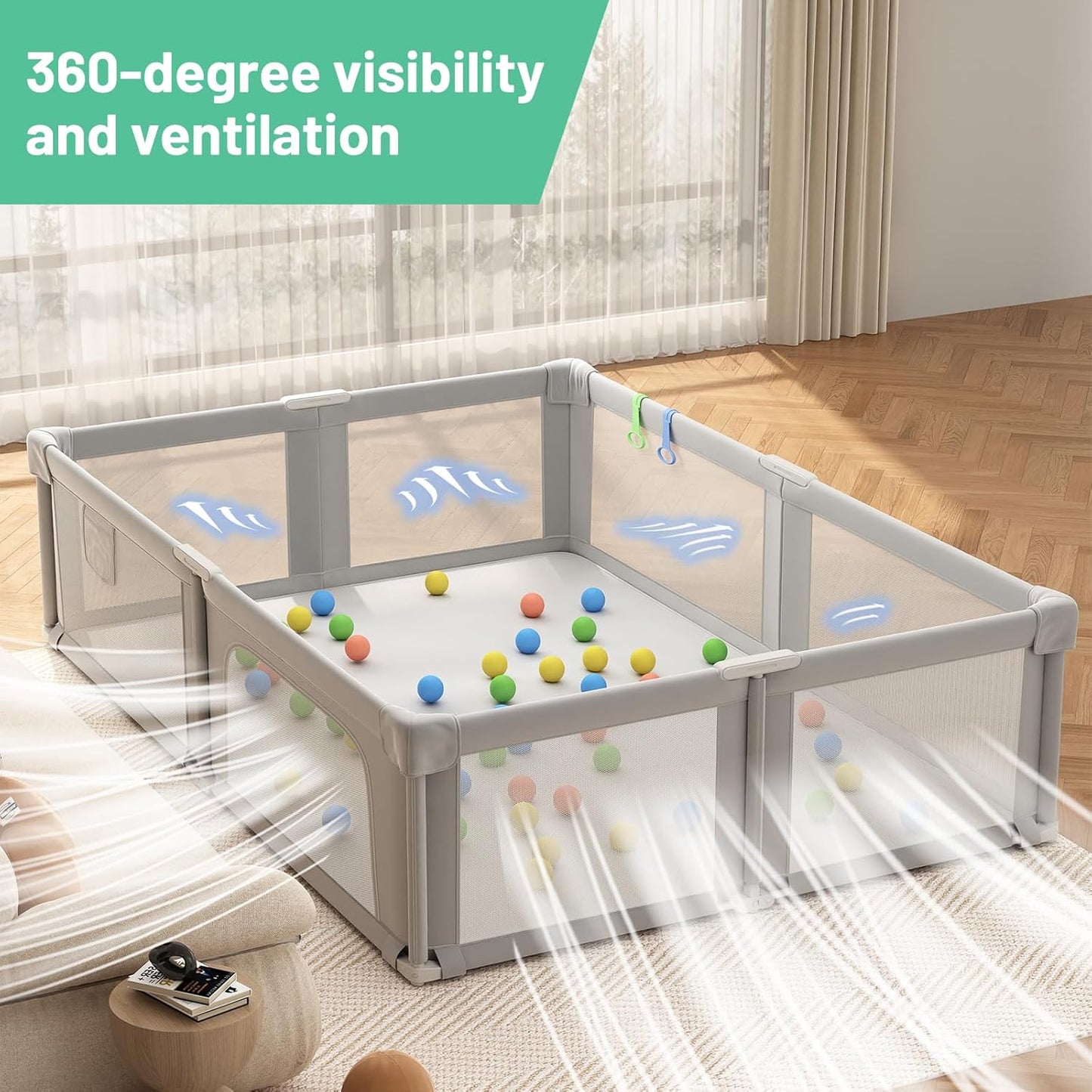 Foldable Playpen for Babies and Toddlers, 51" Portable Play Pen with Mat and Ocean Balls, Play Yard with with Visible Mesh for Inddor and Outdoor, No Assembly Required, Dark Gray