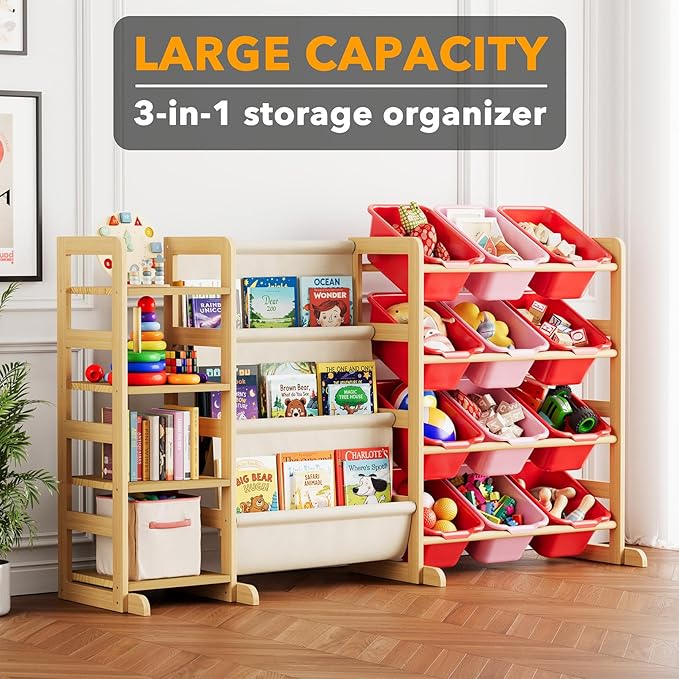 SpaceAid 3-in-1 Toy Storage Organizer with 4 Shelves and 12 Bins, Toy Organizers Storage 3-Tier Bookshelf, Kids Bin Shelf Box Bookcase for Bedroom Playroom Organization Room Decor, Red and Pink
