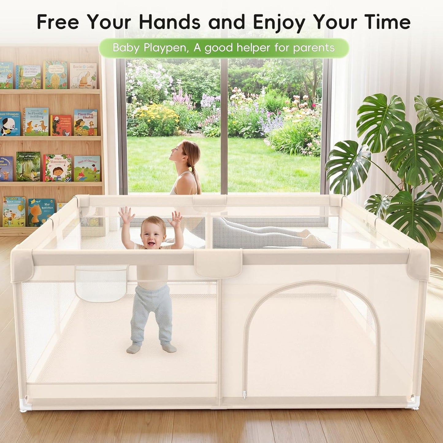 Baby Playpen with Mat 79x71inch - Extra Large Play Pen for Babies and Toddlers Indoor & Outdoor Baby Playard with Soft Breathable Mesh Cover - Sturdy Foam Infant Gate Playpen(Apricot)