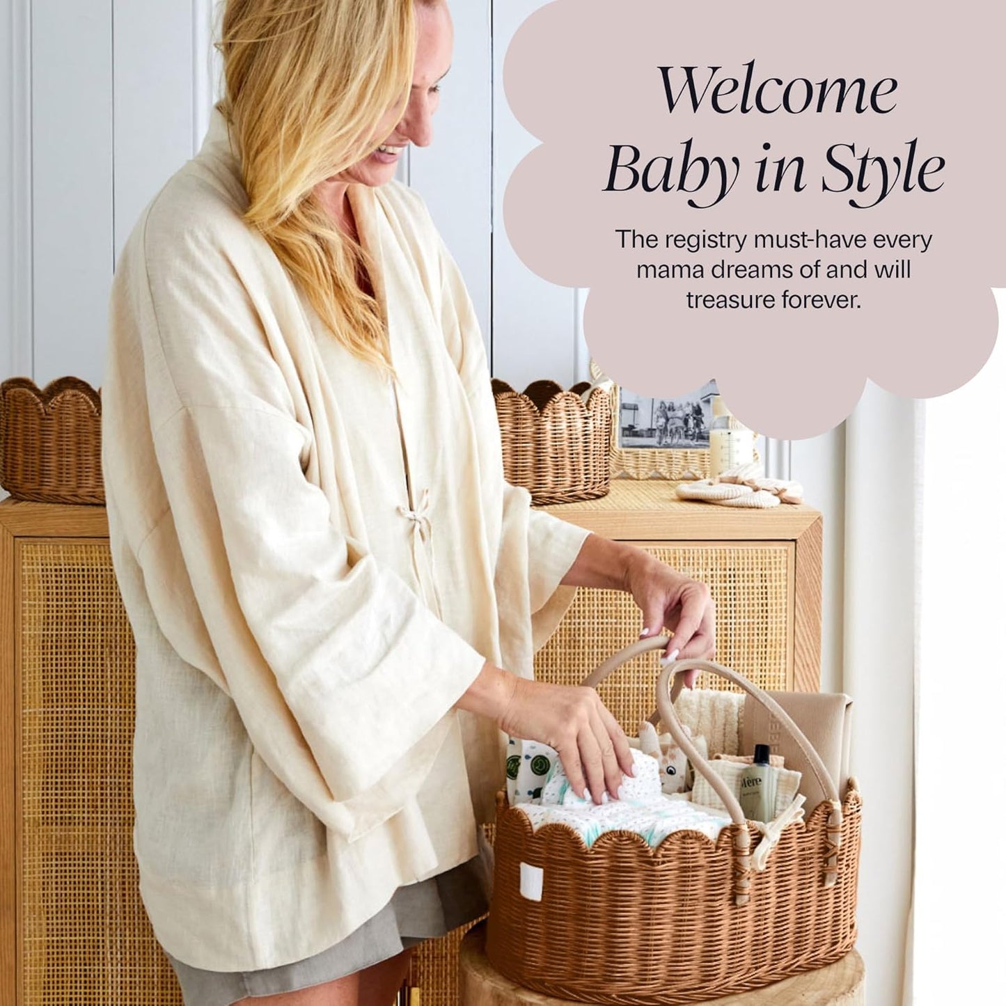 BEBE BASK Premium Baby Diaper Caddy Organizer - Handmade & Award-Winning Scalloped Rattan Basket - Luxury Diaper Caddy Basket - Elegant Scalloped Edge (Natural)
