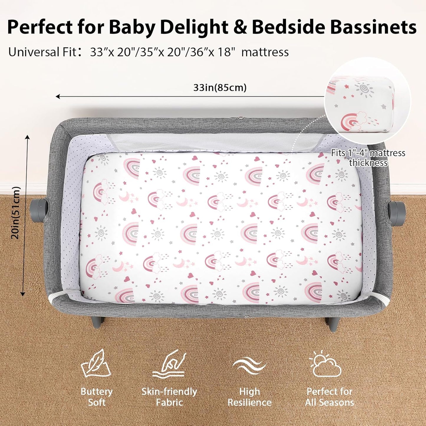Baby Bedside Bassinet Sheets Girl, 33”x20” Compatible with Baby Delight Dream On Me & Most Rectangle Bedside Sleeper Bassinet Mattress, Super Soft Microfiber Pink Butterfly Flower