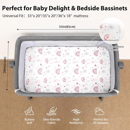 Baby Bedside Bassinet Sheets Girl, 33”x20” Compatible with Baby Delight Dream On Me & Most Rectangle Bedside Sleeper Bassinet Mattress, Super Soft Microfiber Pink Butterfly Flower