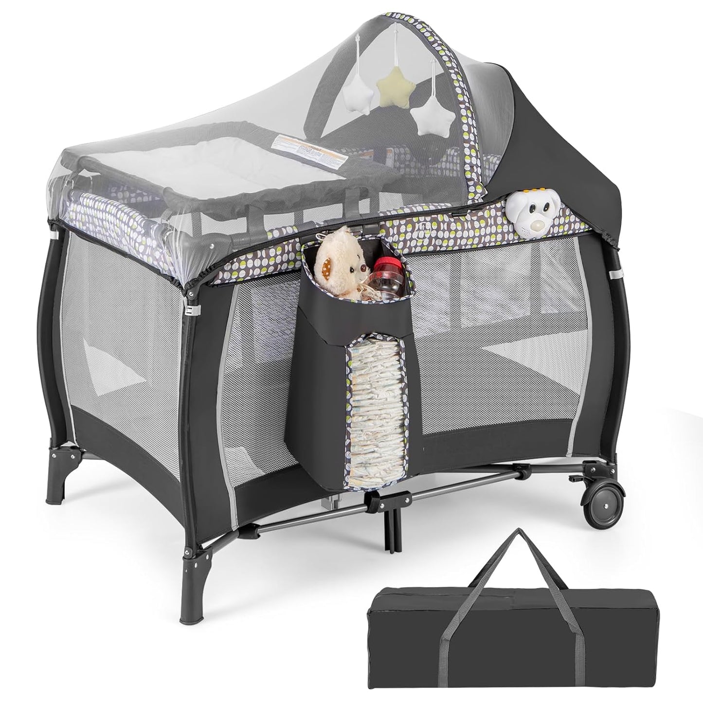 HONEY JOY Pack and Play with Bassinet, 4-in-1 Portable Baby Playard with Changing Table, Net & Cute Toys, Diaper Storage Bag, Music Box, Wheels with Brake, Foldable Newborn Play Yard w/Carry Bag