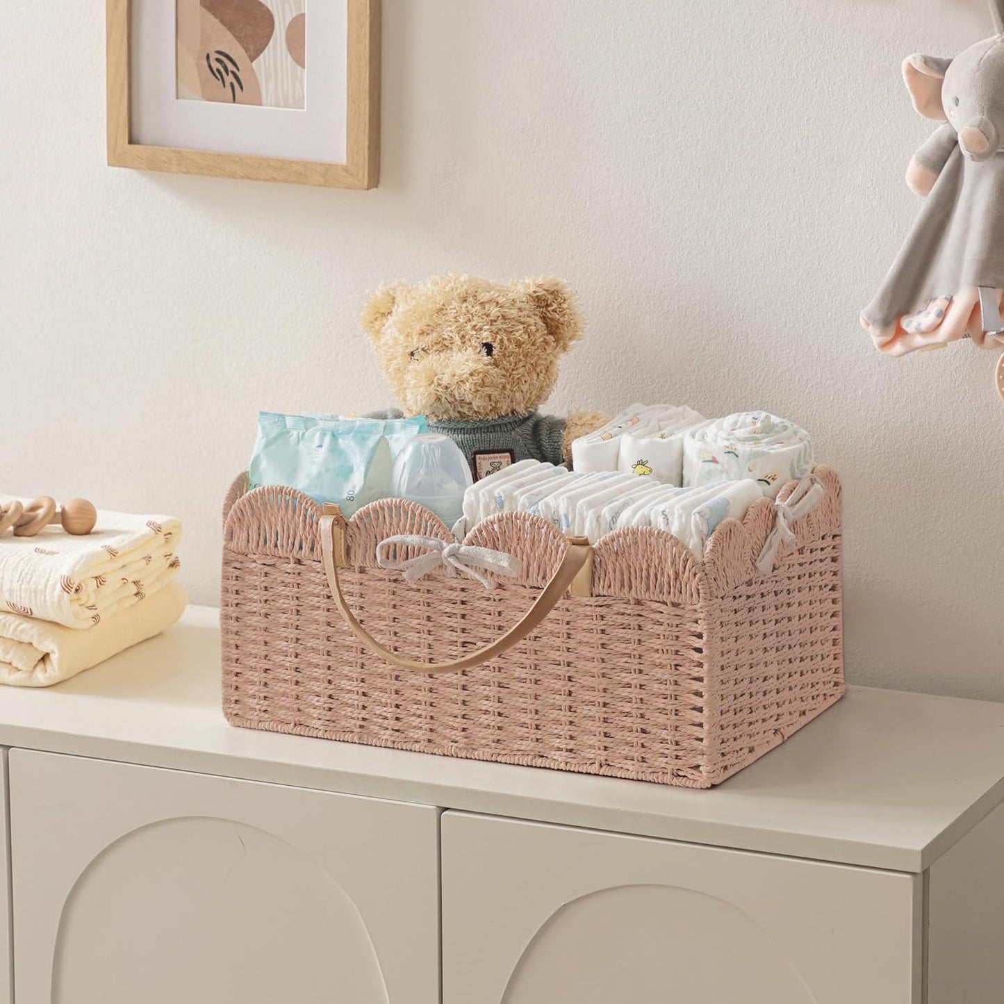 HBlife Large Baby Diaper Caddy, Paper Rope Storage Baskets Nursery Bin with Removable Divider, Portable Car Organizer for Diapers, Baby Shower Gifts, Newborn Essentials Must Haves