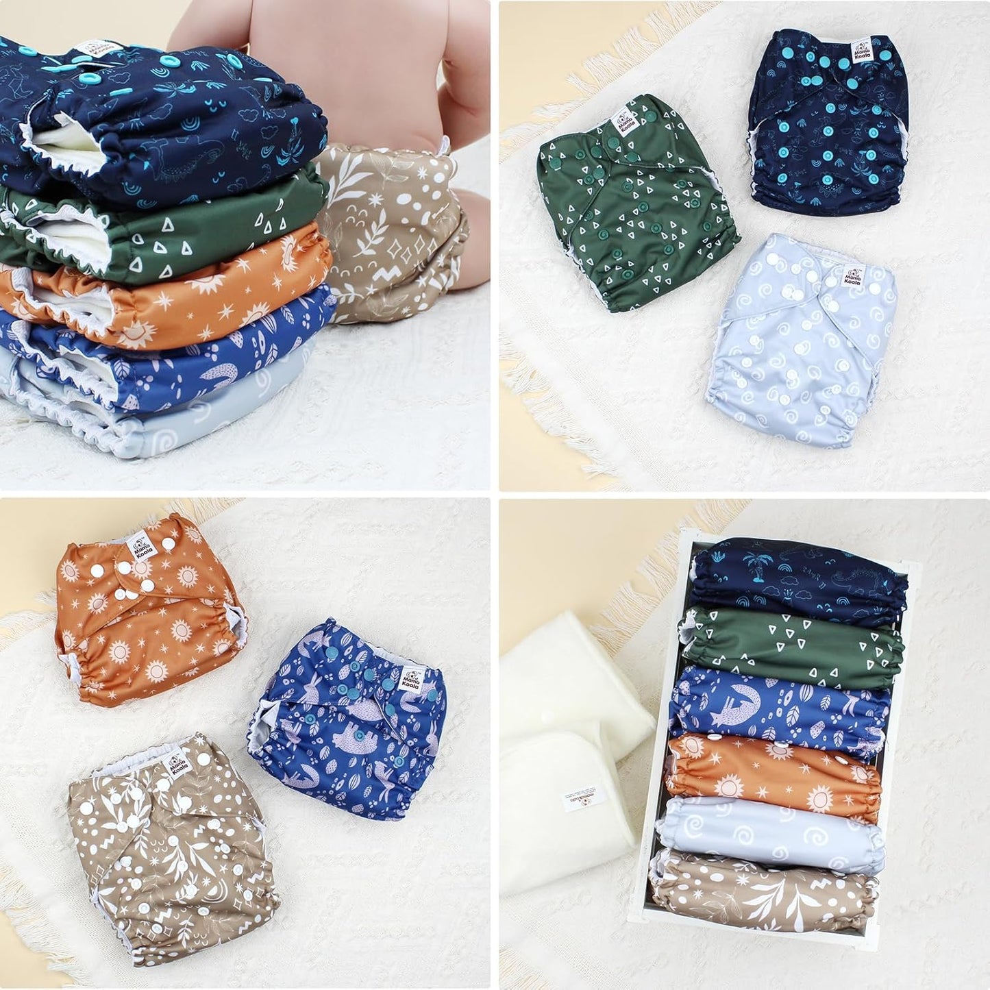 Mama Koala 3.0 Pocket Cloth Diapers for Babies with AWJ Lining, 6 Pack with 6 4-Layer Natural Cloth Diaper Inserts - Reusable and Washable Pocket Diapers(Hardworking Bees) - Colors B