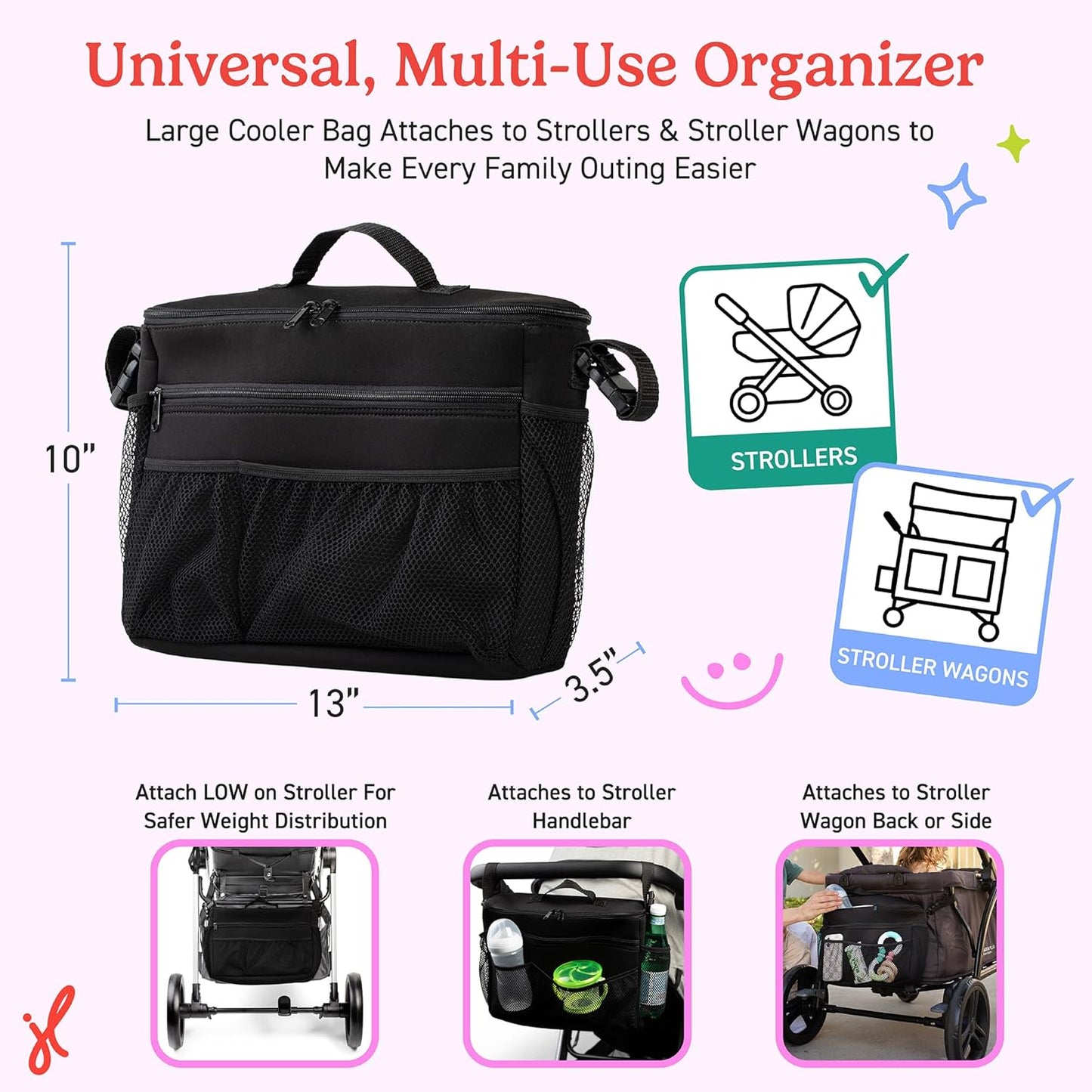 J.L. Childress Cool 'N Cargo Stroller and Wagon Cooler and Organizer - Universal Fit - Insulated - Attaches to Strollers, Wagons, Walkers and Wheelchairs - Large Capacity - Black