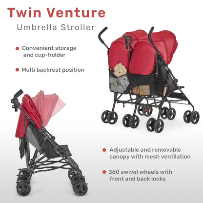 Dream On Me Twin Venture Umbrella Stroller in Pink, Multi Backrest Positions, Adjustable & Removable Canopy Double Stroller, 360°Swivel Wheels with Locks