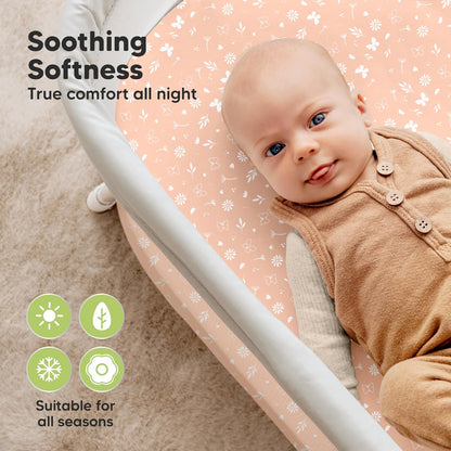 2-Pack Organic Bassinet Sheets for Girls, Boys - 100% Cotton Bassinet Mattress Sheets Compatible with Halo Bassinest Swivel Sleeper, Graco, Baby Delight, Chicco, Unisex Fitted Bassinet Sheets (Elly)