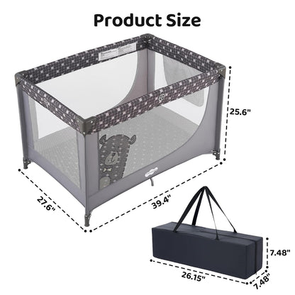 Pamo Babe Compact Pack and Play - Portable Crib for Baby, Lightweight Foldable Travel Playard with Mattress Pad & Carry Bag, Safe Breathable Travel Bed for Home, Trips & Family Visits, Black
