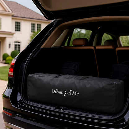 Dream On Me EZGo Portable Playard, Tool-Free Assembly, Easy One-Step Fold, Breathable Mesh Sides, Removable Mattress Pad & Smooth Locking Wheels, Travel Carry Bag Included – Black & White