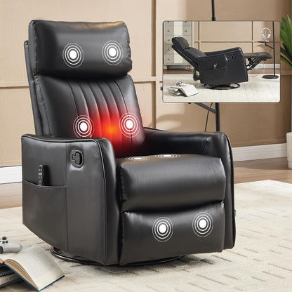 Swivel Rocker Recliner Chair for Adults, Nursery Rocking Chair with Heat and Massage, Glider Reclining Chair for Small Space Living Room Bedroom, Faux Leather Black