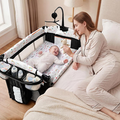 Kinder King 4 in 1 Portable Baby Playard, Foldable Baby Bedside Crib w/Bassinet, Infant Pack and Play Playard Toddler Large Playpen, Newborn Changing Table, Storage Basket, Grey