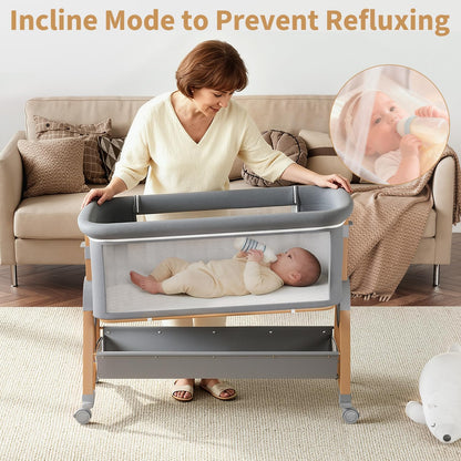 5-in-1 Baby Bassinet Bedside Sleeper with Swing Tube Converts to Cradle, Baby Crib with Mattress, Detachable Diaper Changer, Mosquito Net and Toy - Black